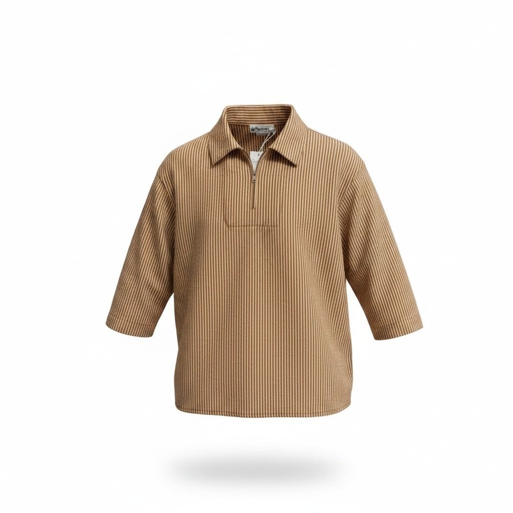 Bonpoint Striped Popover Shirt Kids 6A Tan White Neutral French Luxury Designer